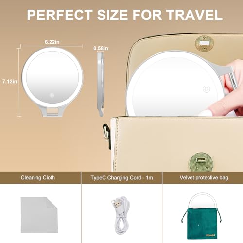 Mocado Travel Makeup Mirror with Light, 1X/20X Magnifying, Double Sided, 3 Color Light, Dimmable Touch, Rechargeable, Tabletop Standing, White