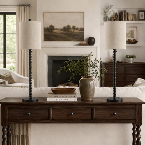 Buffet Lamps Set of 2 - 30-Inch Tall Table Lamps with Metal Bases & Linen Shades - Matte Black, UL Certified