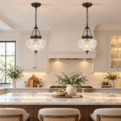Vintage Matte Black Pendant Light Fixture with Thickened Pattern Glass - 9.5in, Adjustable Chain