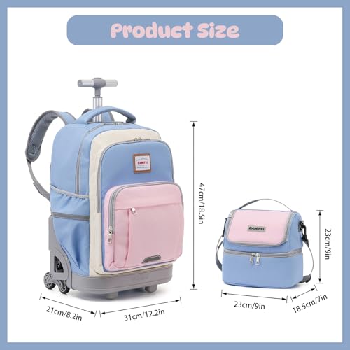 Kids 18-Inch Rolling Backpack Set with Lunch Bag & Rain Cover - Blue Pink - Effortless Stair-Climbing