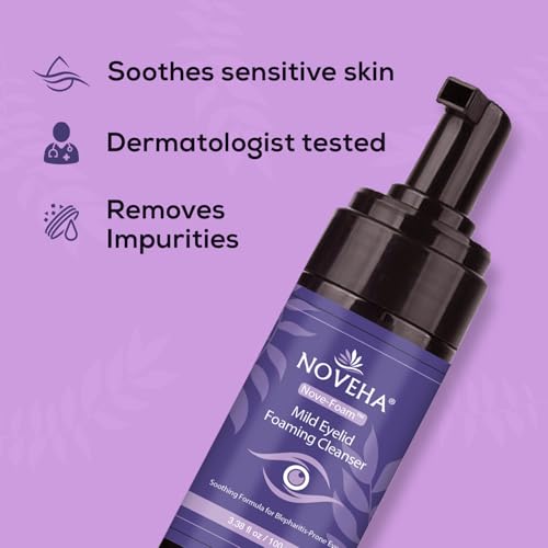 NOVEHA Lavender and Tea Tree Oil Eyelid Foaming Cleanser | Hydrating Hypoallergenic Daily Soap For Eyelashes and Lids, For Demodex, MGD, Stye Eye, Eye Irritations & Dry Skin | 3.38 fl oz (100ml)