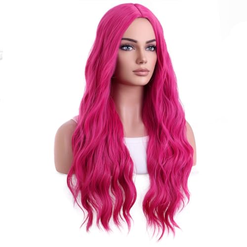 Hot Pink Long Wavy Curly Wigs for Women - Heat Resistant Synthetic Hair for Halloween & Cosplay - BERON Variation