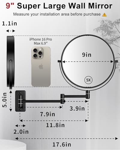 9-Inch Wall Mount Magnifying Mirror Black 1X/10X Double-Sided Swivel Vanity
