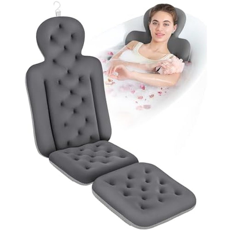Bath Cushion, Full Body Bathtub Pillow with 160 Suction Cups, Bath Mat for Head and Neck Support, with Laundry Bag (Dark Gray, 51" x 16")