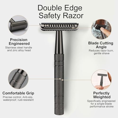 Double Edge Safety Razor for Men and Women, Stainless Steel Single Blade Metal Razor, with 10 Double Edge Blades, Smooth Close Gentle Shave, Plastic Free Zero Waste Shaving, Black