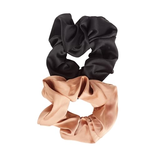 Goody Ouchless Forever Satin Scrunchies, 2 Ct, Brown & Black, 3X Stronger Damage-Free Hold Hair Scrunchies, 16 Strand Inner Core, Styling Accessories for Women & Men, For Medium-Thick Hair (Pack of 2)