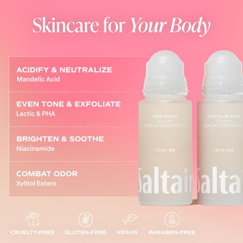 Saltair Serum Deodorant 2-Pack with 5% AHA - Pink Beach & Santal Bloom, Aluminum-Free, Travel Size