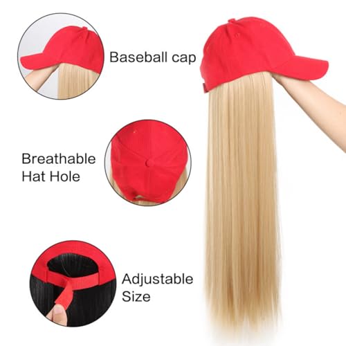 Black Sun Hat Wig for Women Baseball Cap with 22" Wavy Straight Hair Extensions
