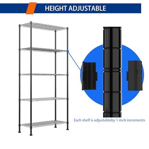 Black 5-Tier Adjustable Wire Shelving Unit - Heavy Duty Storage Rack for Kitchen, Bathroom, Laundry, Closet - 14.1"D x 30"W x 79"H