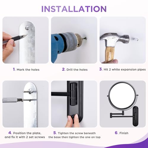 Black 15X Wall Mounted Makeup Mirror - 360° Swivel, Extendable Arm