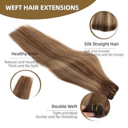 Frealhd 18 Inch Balayage Chocolate Brown to Caramel Blonde Remy Sew-In Hair Extensions - 110g Double Weft