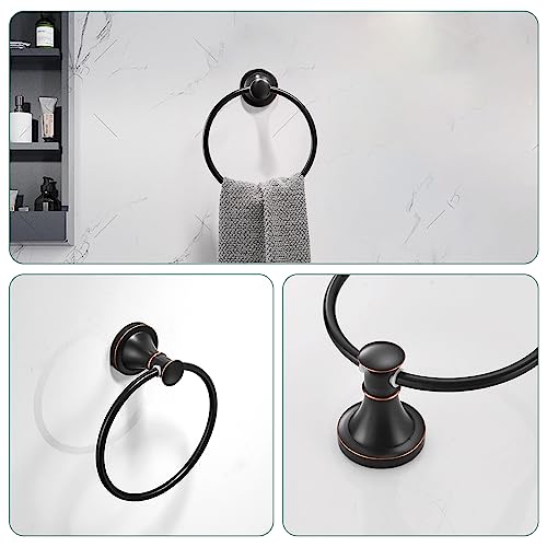 Oil Rubbed Bronze Bathroom Accessory Set - 4-Piece Wall Mount Hardware with Towel Bar, Ring, Hooks & Toilet Paper Holder - Modern Design
