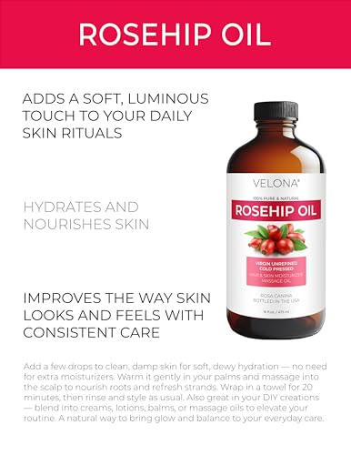 Velona Rosehip Oil - 16oz Cold Pressed Facial & Body Skin Oil with Pump