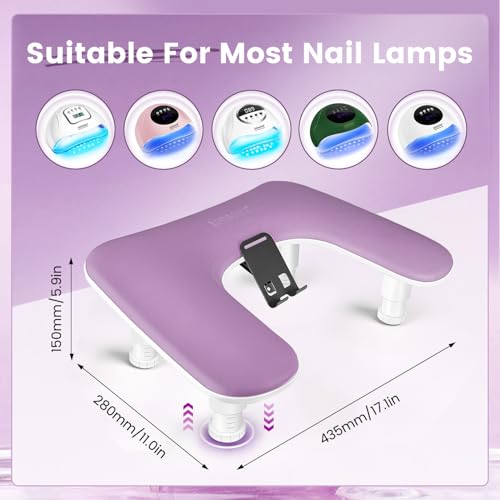 JODSONE Medium Purple U-Shaped Manicure Arm Rest with Rotating Phone Holder - Detachable Nail Tech Support for Salon & Home Use