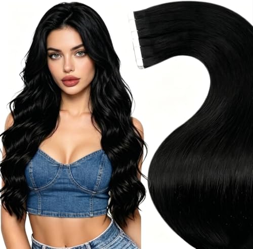 A-2 Jet Black 20 Inch Human Hair Tape-in Extensions 20pcs - Invisible Style