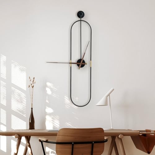 DRELIFAM Large Black Oval Wall Clock with Walnut Pointers - Modern Home Decor