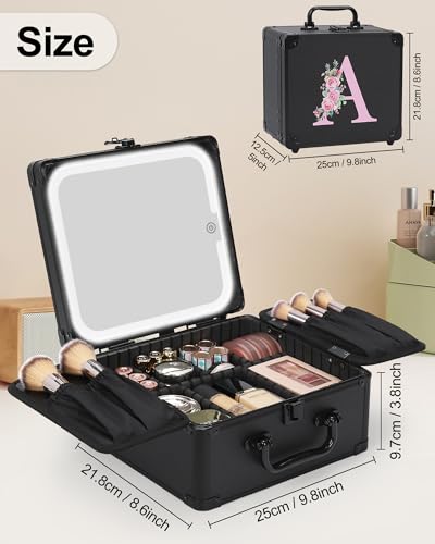 Relavel Small Personalized Makeup Bag with LED Mirror - Black Initial Travel Organizer