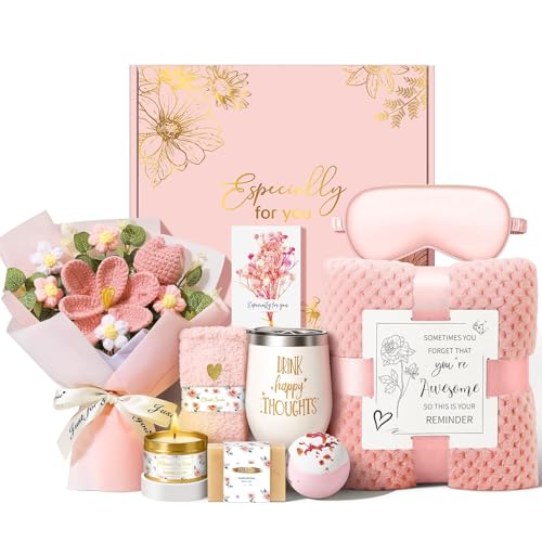 Pink Self Care Gift Basket for Women - Spa Set with Crochet Flower Bouquet, Tumbler & More