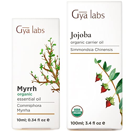 Organic Myrrh Oil for Skin (0.34 fl oz) & Jojoba Oil for Hair (3.4 fl oz) Set - Aromatherapy Grade Essential Oils Set - Gya Labs