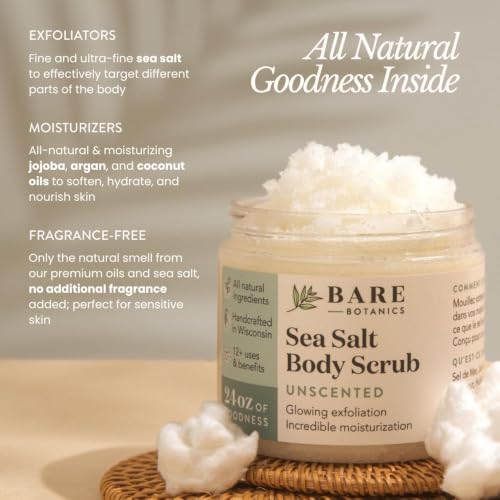 Unscented Sea Salt Body Scrub - Natural Exfoliator & Moisturizer, 24oz