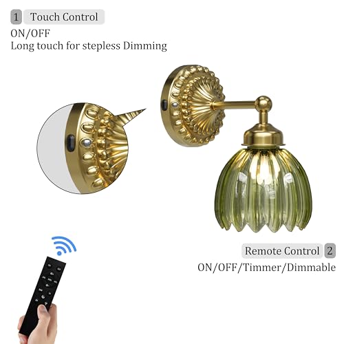 Gold + Green Tulip Glass Battery-Operated Wall Sconce 2-Pack - Vintage Wall Light with Remote & Dimming