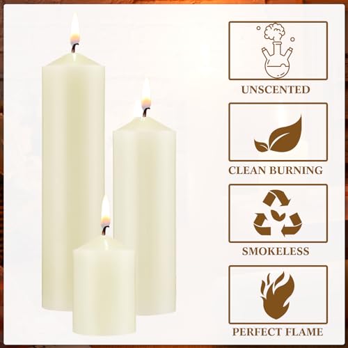 MTLEE Unscented Ivory White Pillar Candles Bulk 36 Pack - 3 Sizes