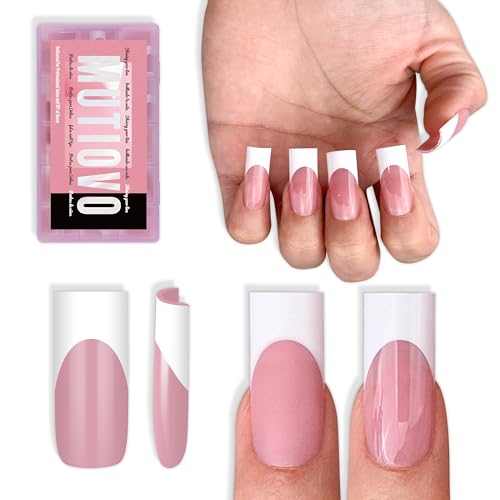 MUTIOVO Medium Straight Square White French Tip Nail Tips 180 pcs - Berry Pink, Extra Thick Soft Gel Extensions for DIY Manicure