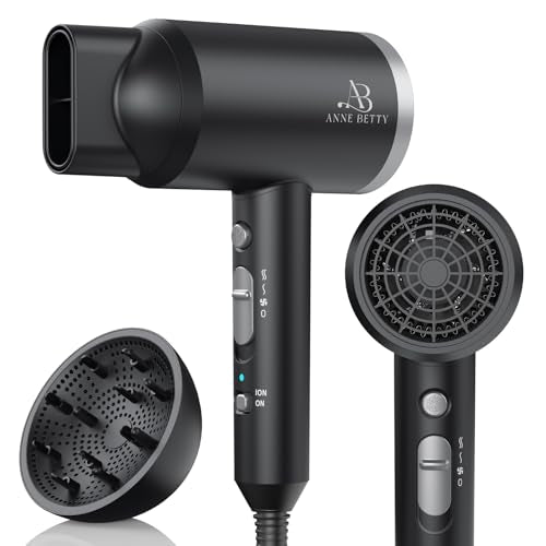 Ionic Hair Dryer with Diffuser - 1800W Lightweight Blow Dryer for Women & Men - Silver/Matte Black