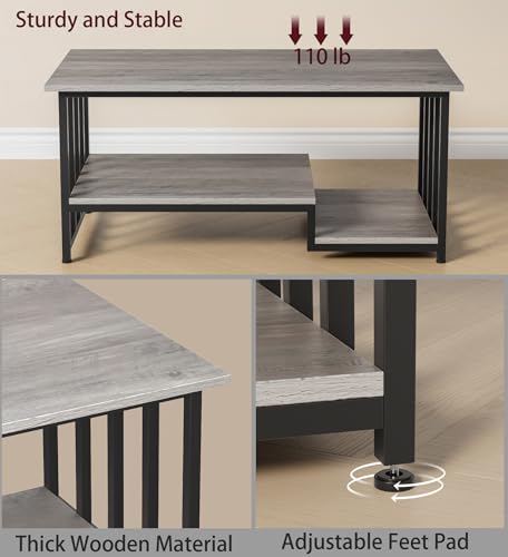 Modern 2-Tier Wooden Coffee Table with Storage - Rustic Gray, 39.4"