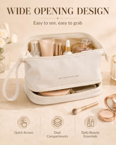 Pocmimut Large White PU Leather Makeup Bag with Mirror, Double Layer Travel Organizer for Women