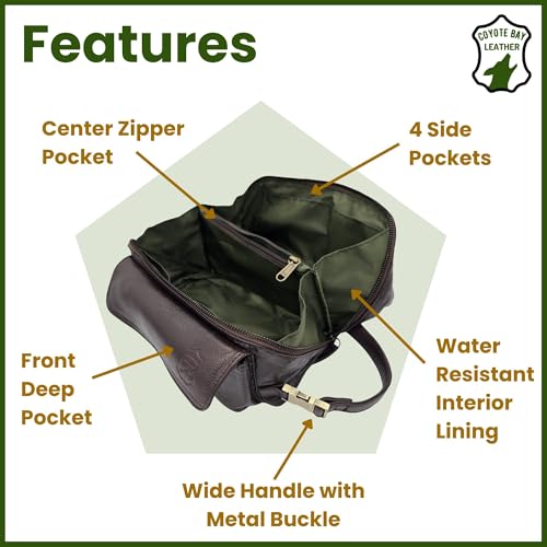 Coyote Bay Leather Travel Makeup Bag - Small Brown Full Grain Leather Organizer with Pockets