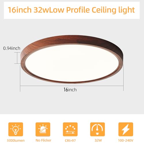HEYAN 16-Inch Walnut Wood Flush Mount Ceiling Light Fixture 2 Pack with Adjustable Color Temperature