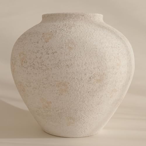 White Large Round Vase for Flowers - 11 Inch Rustic Textured Modern Farmhouse Decor