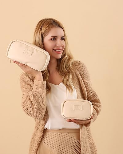 Large Beige Makeup Bag with Divider - Travel Organizer Purse for On-the-Go