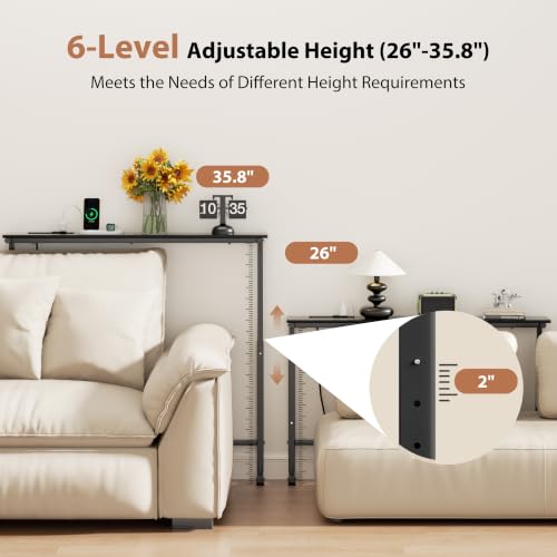 Black Adjustable Height Narrow Console Table with Power Outlets - 90 Inch Sofa Entryway Table