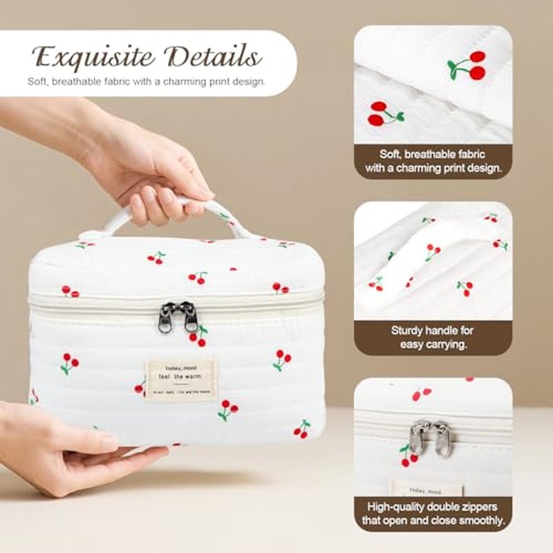 3Pcs Cotton Quilted Makeup Bag for Women Girls, Large Floral Cosmetic Bag Set Cute Makeup Brushes Aesthetic Accessories Storage Bag Cherry Travel Toiletry Bag Organizer