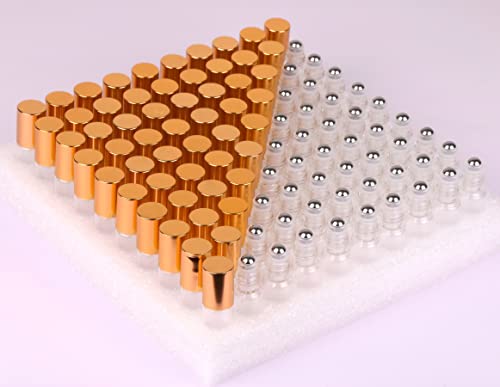 MaxMau 100 Pack 5ml Clear Glass Essential Oil Roller Bottles with Stainless Steel Balls & Gold Lids - Travel & Sample Size