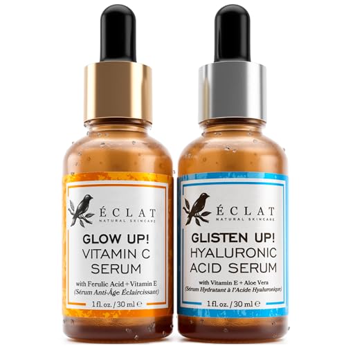 Eclat Skincare Vitamin C Serum + Hyaluronic Acid Serum Duo ? Vit C with Ferulic Acid & Vit E + 2.5% Hyaluronic Acid & B5 ? Brightening, Plumping & Smoothing Skin Care Set 1 fl oz each