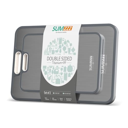 Sumzzz Titanium Cutting Board 2in1 Dual-Sided (Titanium + PP) Set of 2, 15.5 x 10.5 / 12 x 8.5 in - Silver