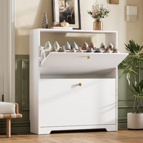Nicetree White Shoe Cabinet with 2 Flip Drawers, Narrow Entryway Organizer