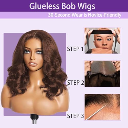 Brown Color 16-inch Human Hair Bob Wig - Glueless, Pre-Styled, Realistic Lace Closure