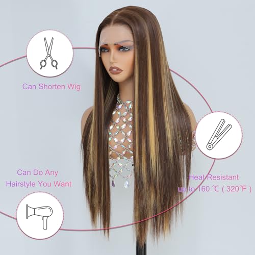 Barbique 26 Inch Synthetic Lace Front Wig Long Straight Honey Blonde Highlights - Model 1BT4P27