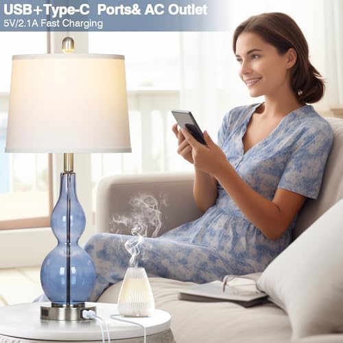 Blue Coastal Glass Double Gourd Table Lamp Set of 2 - Nautical Nightstand Lamps with USB & Outlets, Dimmable Touch Control, 27.5"