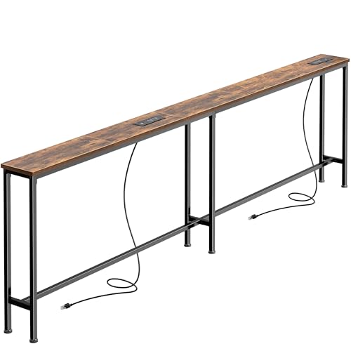 Rustic Brown 79 Inch Sofa Table with 2 Power Outlets & USB-C Ports - Narrow Design