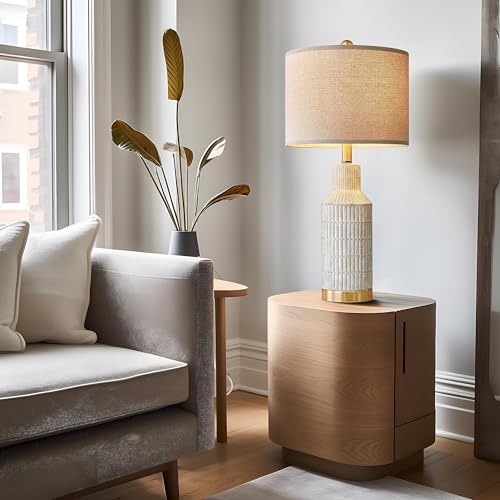 Set of 2 Modern 25-Inch White Washed Ceramic Bedside Table Lamps - Nightstand Lamps for Bedroom & Living Room - Includes Hardware & Linen Shades