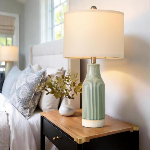 Set of 2 Green Ceramic Table Lamps - Modern 23.75-Inch Bedside Nightstand Lighting