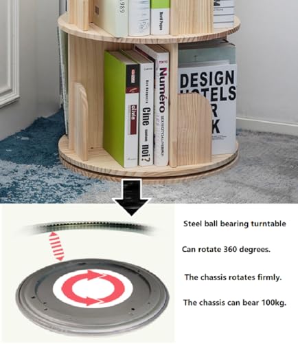 Heehee Wooden Rotating 3-Tier Bookshelf 37.8in Floor Display Rack with Pine Wood (Natural Finish)