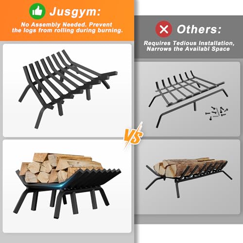 Jusgym 24 Inch Square Fireplace Grate with 8 Support Legs & Fire Tongs & Poker