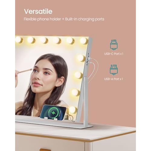 SONGMICS Vanity Makeup Mirror with Lights, Touch Control, 15 LED Bulbs, with Charging Ports, Detachable 10X Magnifying Mirror, 3 Color Temperatures, Dimmable, Phone Holder, Matte White ULWM001W01V1