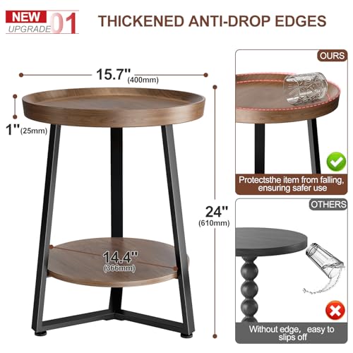 Walnut 2-Piece Round End Table Set with Tray Top and Child-Safe Edges - Modern Farmhouse Style